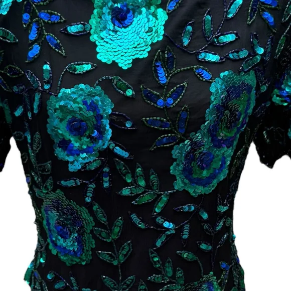 Laurence Kazar Vintage Sequin Silk Beaded Top Medium Floral Glam 80s 90s Party - Picture 4 of 15